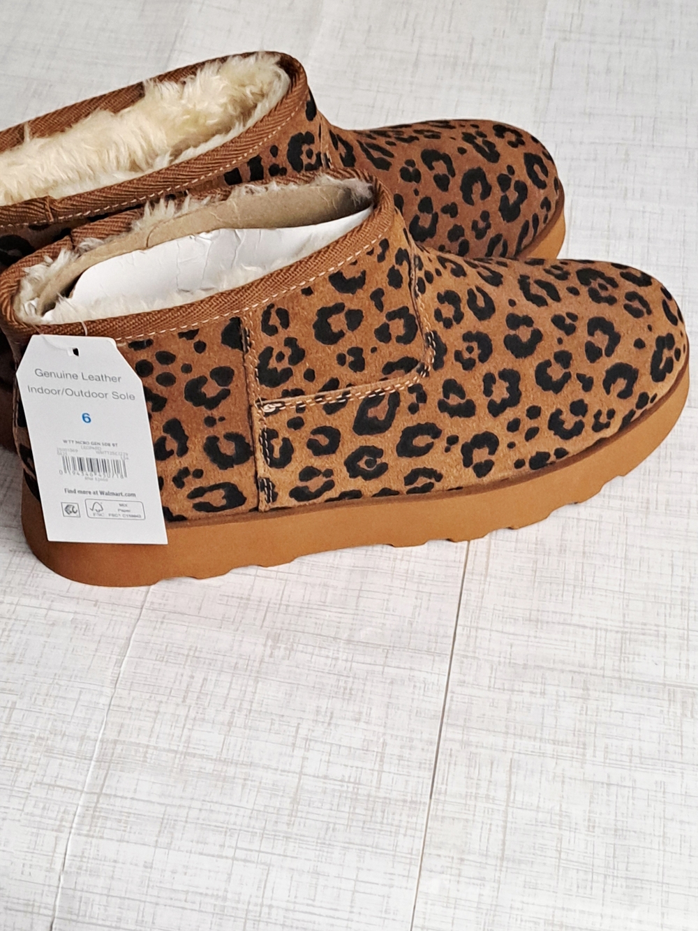 Time and Tru Leopard Print Faux-Shearling Slip-On Booties - Brown/Black
